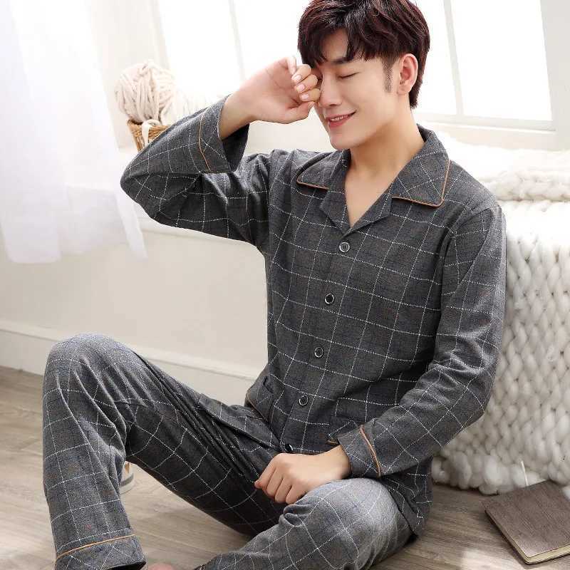 00% Cotton Long-Sleeved Large Size Mens Spring and Fall Winter Pajamas Leisure Sleepwear Homewear Plaid Nightwear Loungewear W250717