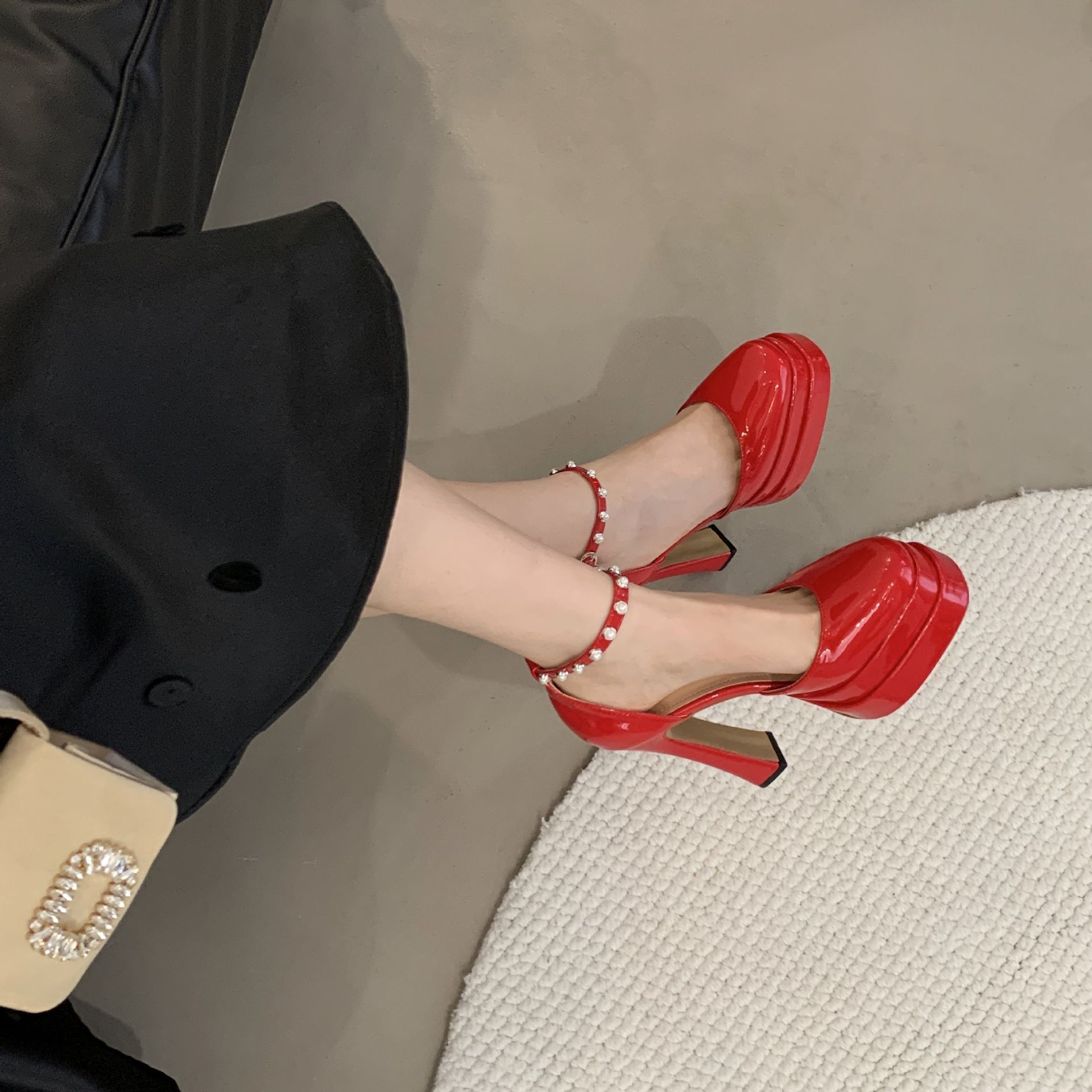 Elegant and Perfect~ Stunning Fashion Rhinestone One-Strap Thick-Soled High Heels Closed-Toe Chunky Heel Sandals for Women ddmysaturn