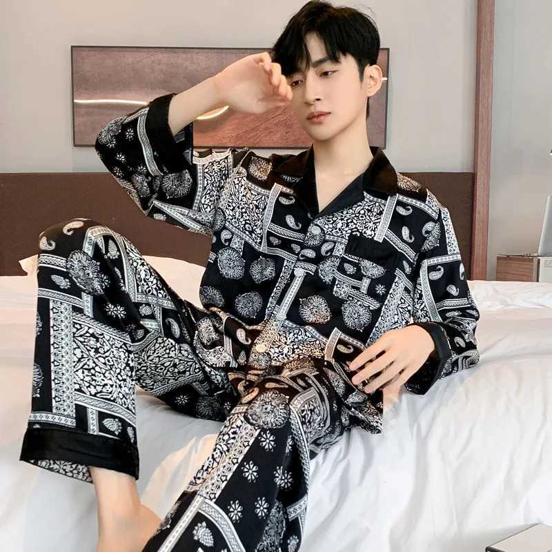 High Quality Satin Printed Pajamas Set Mens Nightwear Ice Silk Long Sleeve Loose Thin Teen Home Clothing Wear Suit Male Pajamas W250717