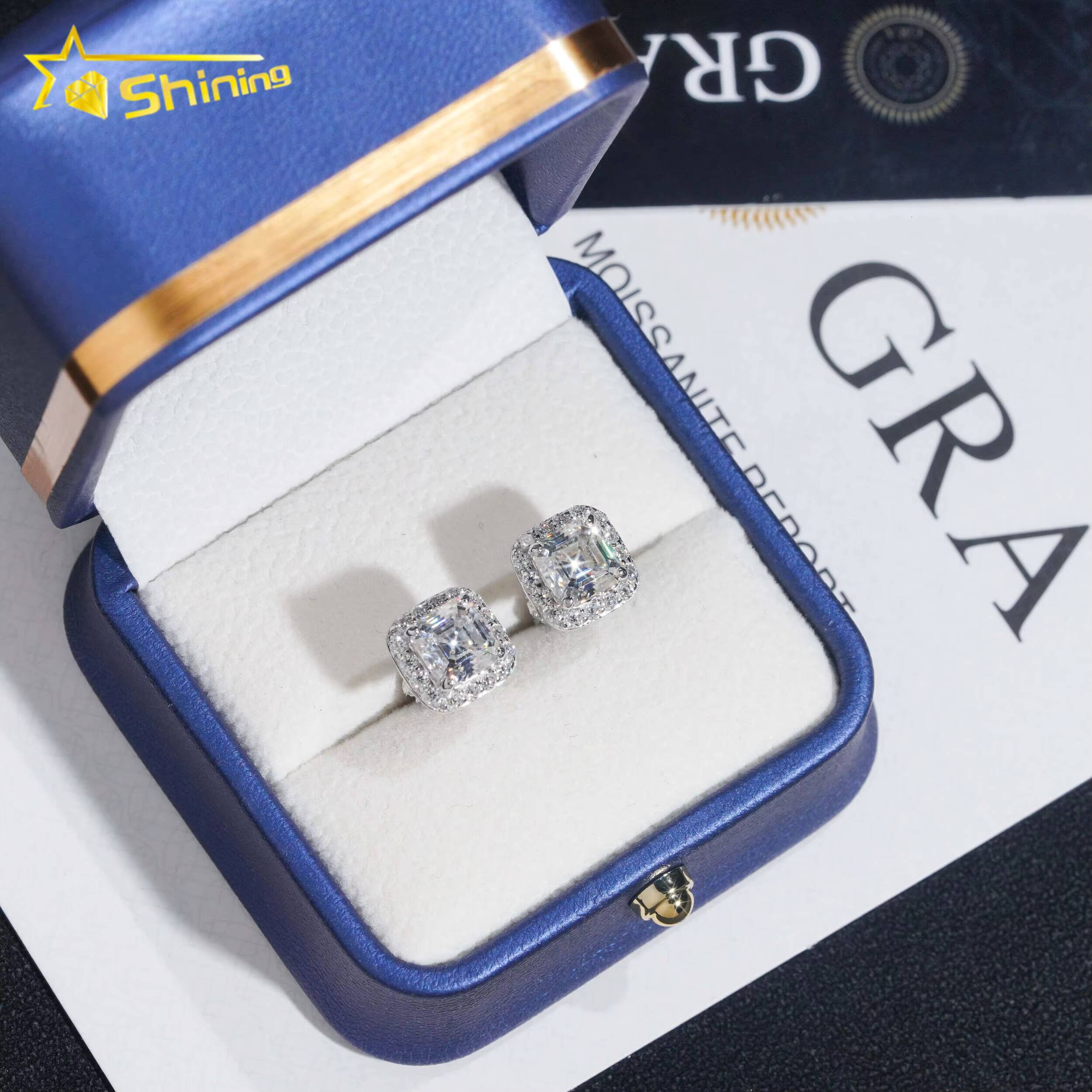 Diamond Tester Certified RTS Hip Hop Jewelry 925 Silver Asscher Cut VVS Diamond Moissanite Stud Earrings