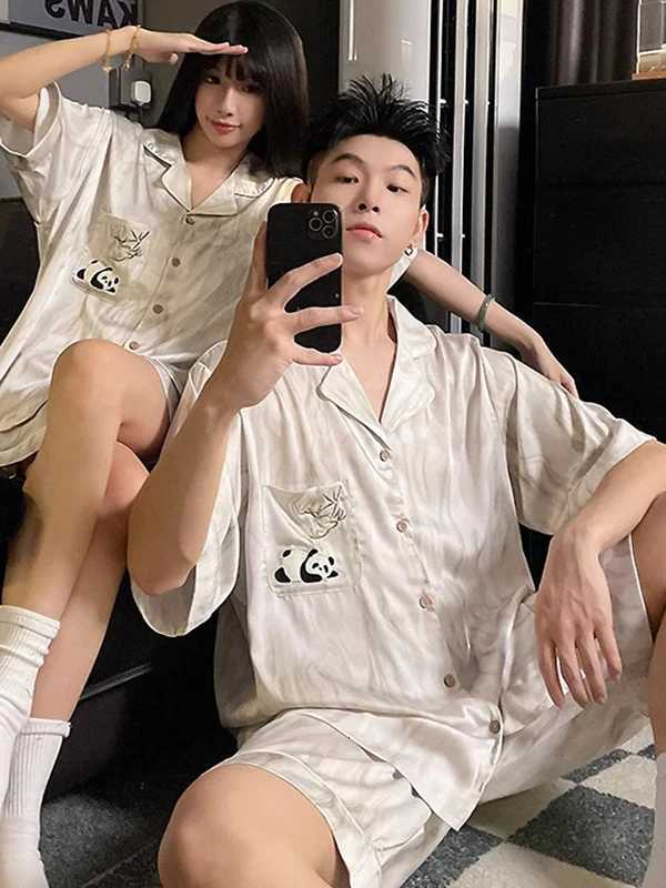 100% Cotton Ice Silk Short-Sleeved Couple Pajamas Womens Summer Cartoon Sleepwear Plus Size Thin Mens Loungewear Set Male Pajamas W250717