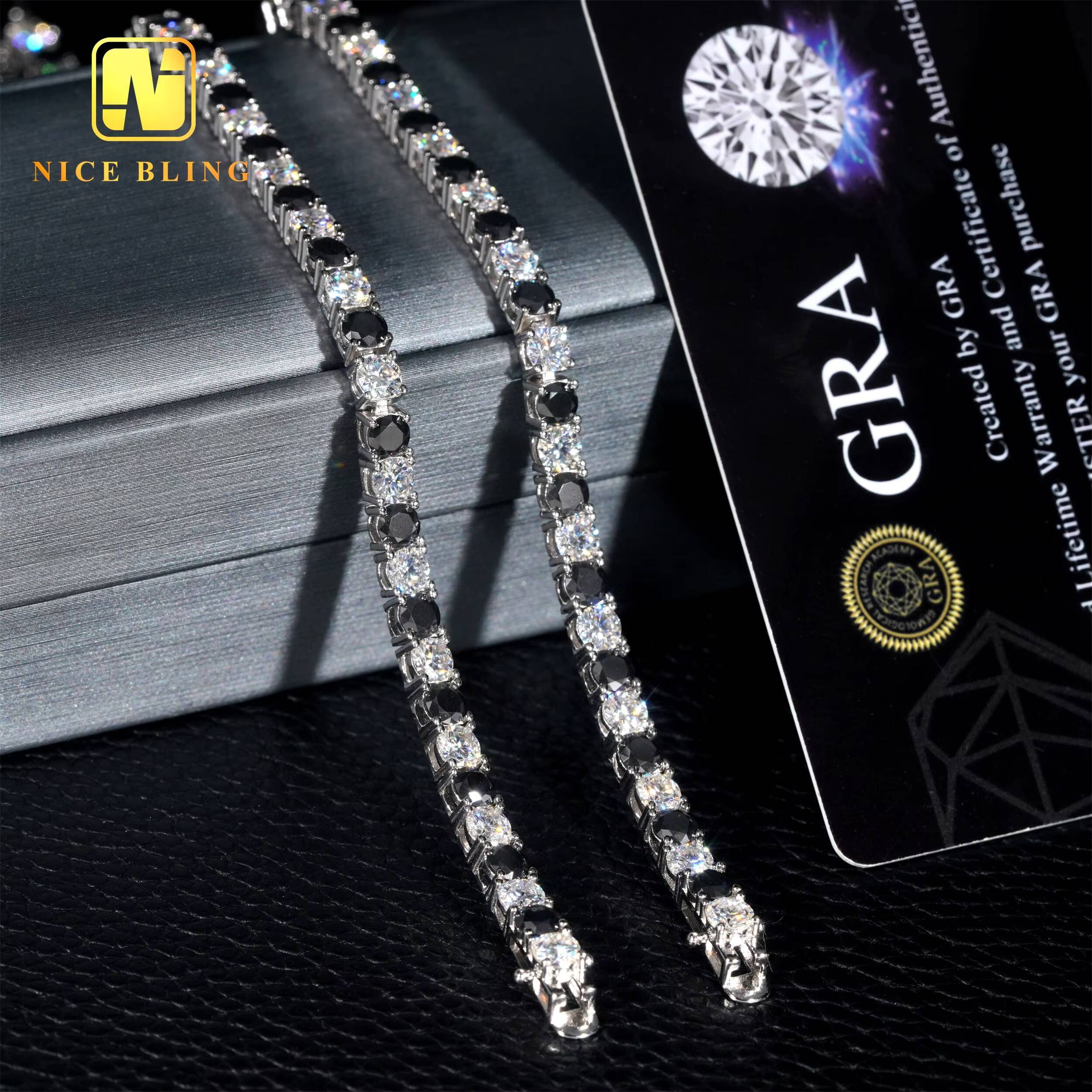 Hip Hop Rappers 4MM Moissanite Tennis Chains 4mm Black and White Lab Diamond Tennis Necklace Bracelets for Men Women