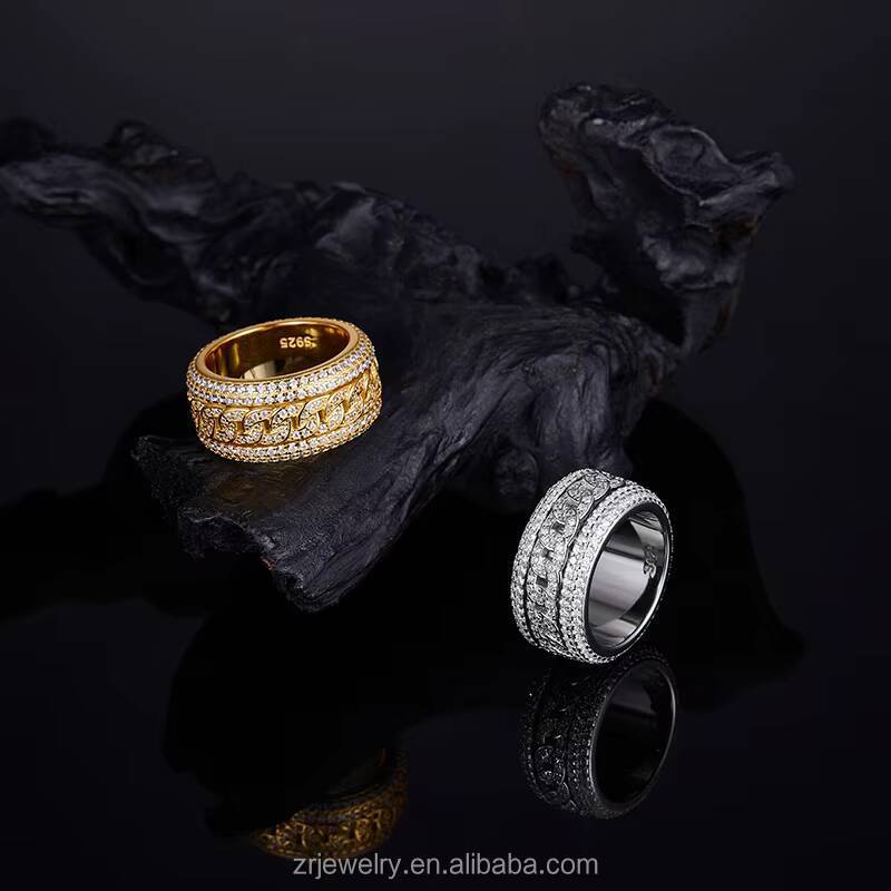 Moissanite 925 Sterling Silver Rings Iced Out Cuban Hiphop Rotate Gold Plated Moissanite Men Ring