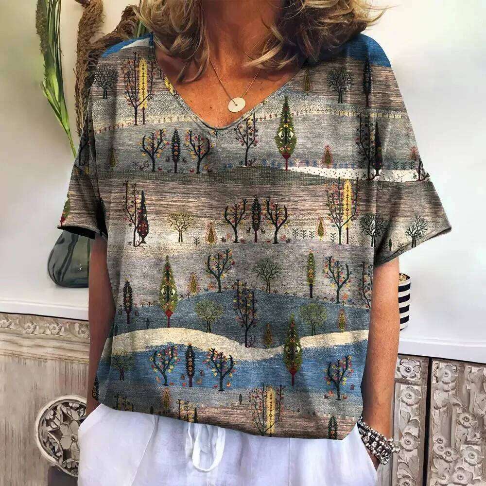 Summer T Shirt for Women V Neck Casual Fashion Tops New Plaid Tees Haruku Clothing Loose Short Sleeve Blouse Female Sweatshirt