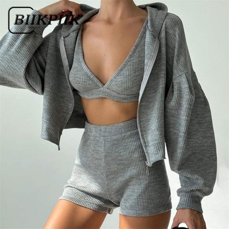 BIIKPIIK Casual Three Pieces Sets Concise Sporty Women Shorts Suits Hooded Coat Bra Fashion Female Tracksuits Fitness 250707