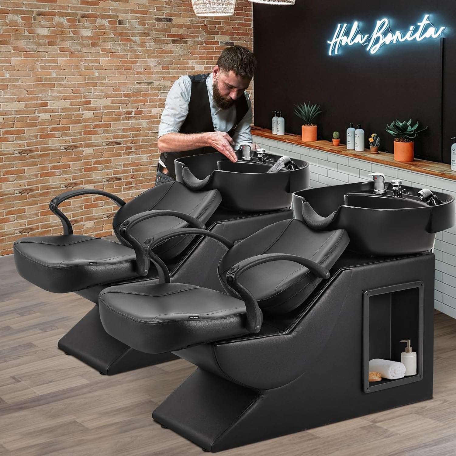 Shampoo Bowl and Chair Set for Salon Hair Washing Station for Hair Stylist ABS Shampoo Bowl Sink Chair with Side Store Compartment for Spa Beauty Barb