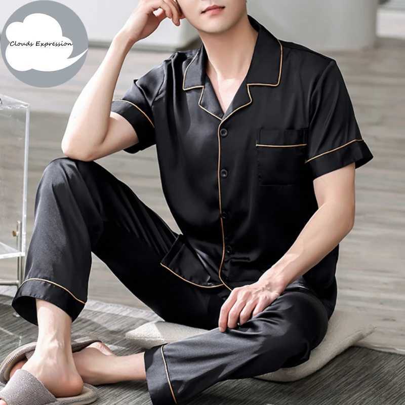 4XL Blue Loungewear Pajamas Imitate Silk Mens Pajama Sets Satin Pajamas Male Sleepwear Pajamas Nightwear Homewear Fashion W250717