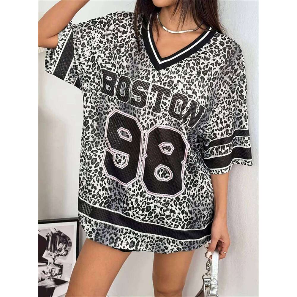 Summer Women'S New Leopard Print Digital Printed Mesh Jersey T-Shirt V Loose And Sexy Short Sleeved Street Wear Y2k Casual Top