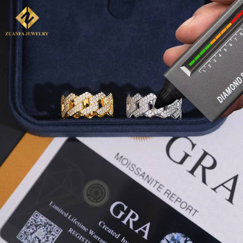Hot Sale Fashion New Design Gold and Silver Moissanite Ring Full Diamond GRA Certificates Pass Diamond Tester Hip Hop Style