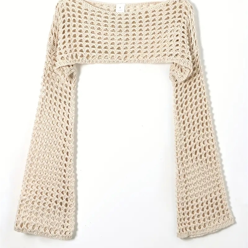 Women Crochet Knit Hollow Out Crop Top Long Sleeve Shrug Sweater Mesh Cover Ups Cardigan Streetwear Pullover Clothes Y2k y250704