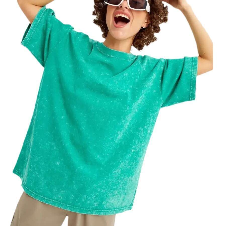 Spring Summer New Solid Color T-Shirt Women Washed Vintage Wax-Dyed Top Pure Cotton Short Sleeve B5