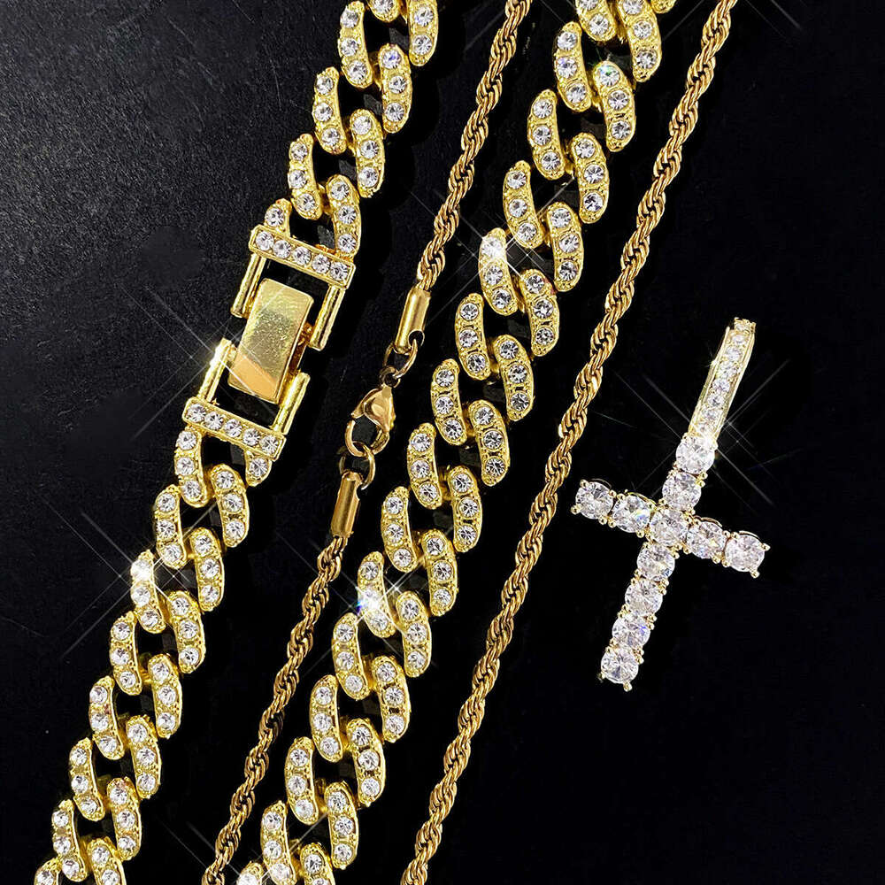 Full Dia Cross Pendant Fashion Creative Hip Hop Trend Alloy Cuban Chain Trendy Necklace Layering Set