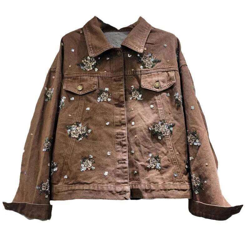 WTHT New Fashion Women's Heavy Industry Embroidered Sequins Denim Jacket Turn-Down Collar Long Sleeves Coat Female 1Ls696