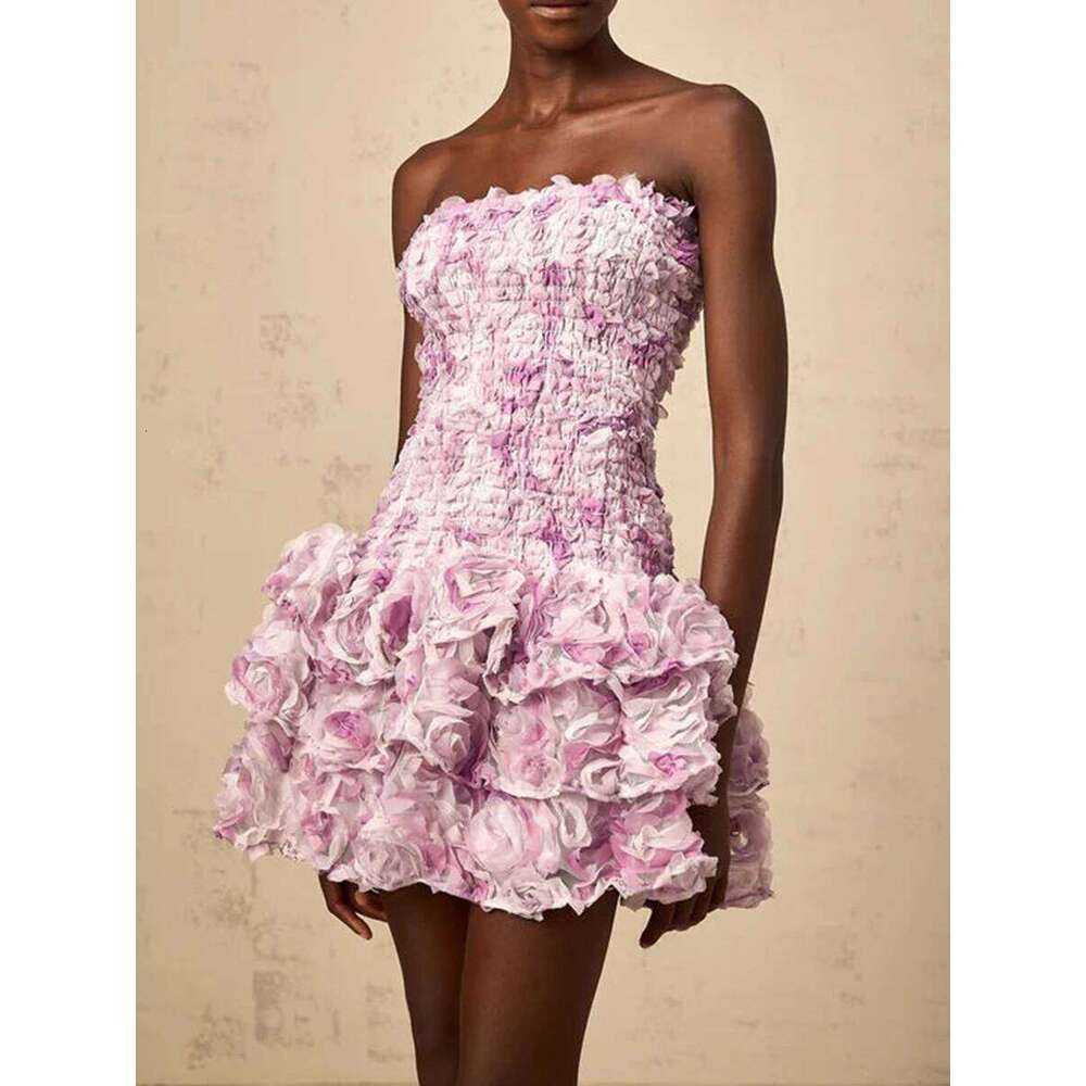 TWOTWINSTYLE Colorblock Fashion Temperament Dresses For Women Strapless Sleeveless Patchwork 3D Flowers Dress Female Clothing