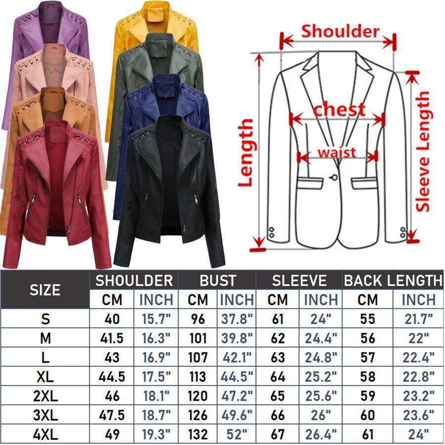 12 Color PU Women's Lapel Zip-Up Overcoat Women Leather Jacket S-4Xl Red Purple Black Coat Female Outerwear Blue Yellow