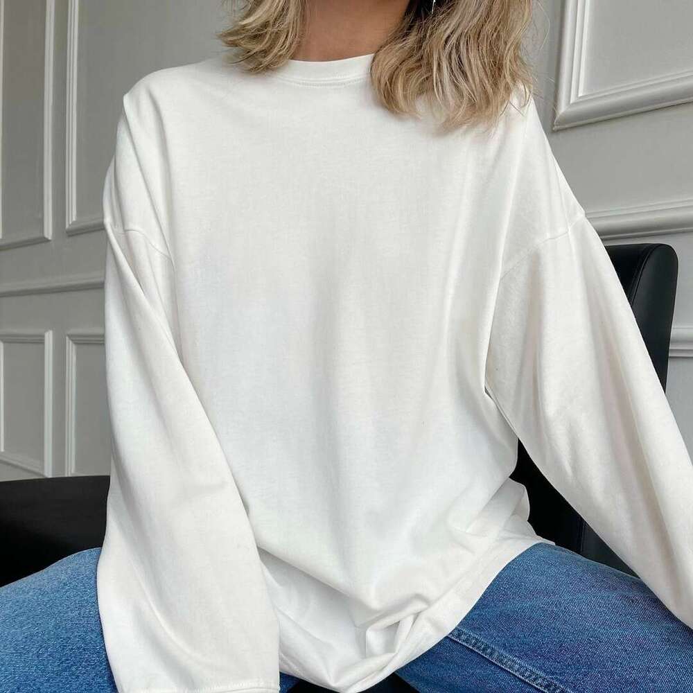 Ribbed Cuff Pure Cotton T-Shirt For Women 220G Knitted Loose Long Sleeve Top Ins Style B5