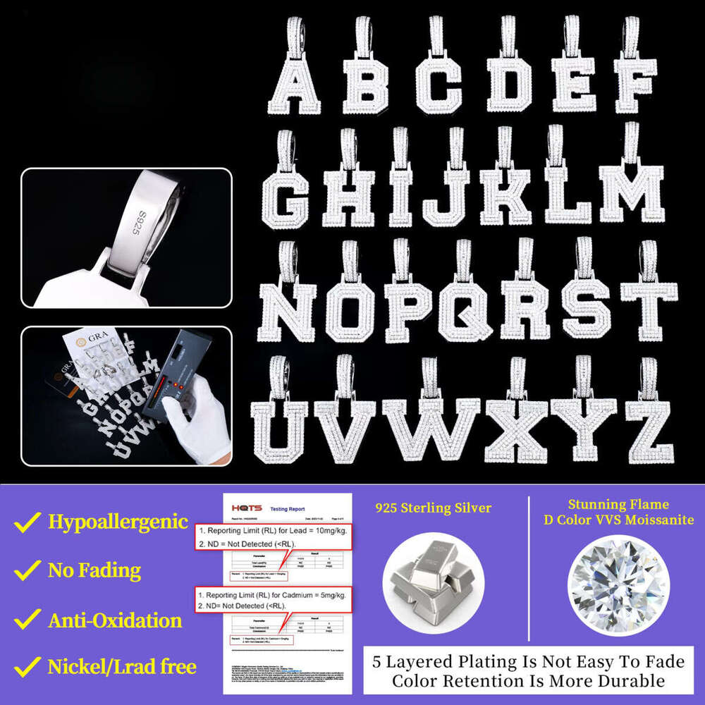 Wholesale Hip Hop Jewelry Iced Out Sterling Sier Vvs Dia Mossanite Moissanite A-Z Initial Letter Pendant for Men Chain