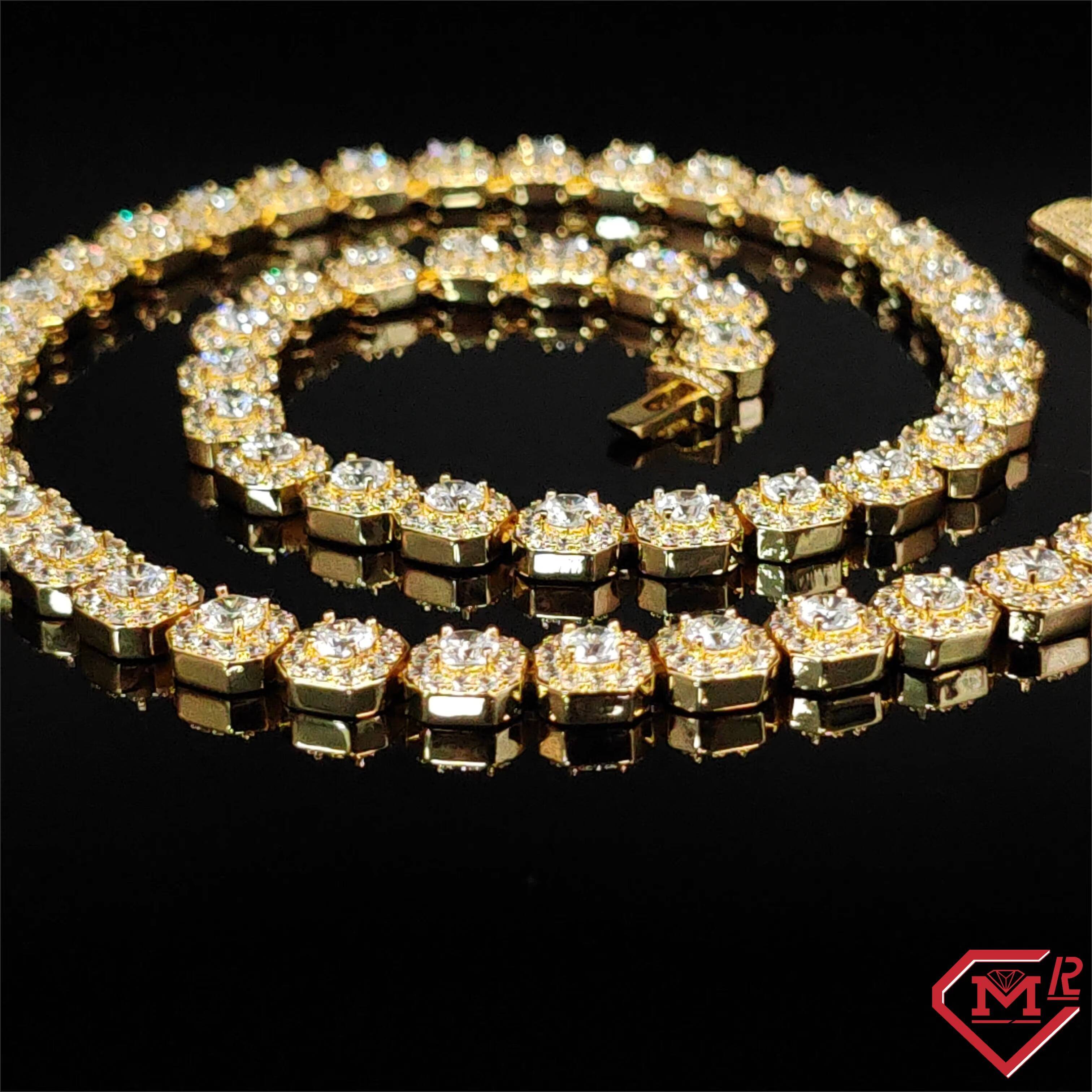 Sparkling Hiphop 12mm Tennis Chain Gold Plated Ice Out Cluster Solid 925 Silver Vvs Moissanite Tennis Chain