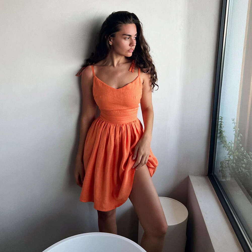 Pure Cotton Spaghetti Strap Backless High Waist Spring Summer New Fashion Tie Short Dress For Women B5
