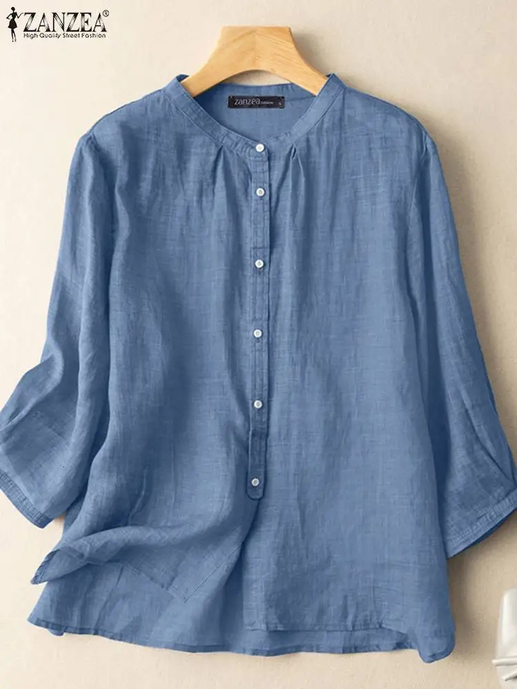 ZANZEA 2025 Spring Summer Blouses Casual Women Shirts Solid Color 34 Sleeve Buttons Cotton Linen Blusas Solid Top Casual Tunic 250715