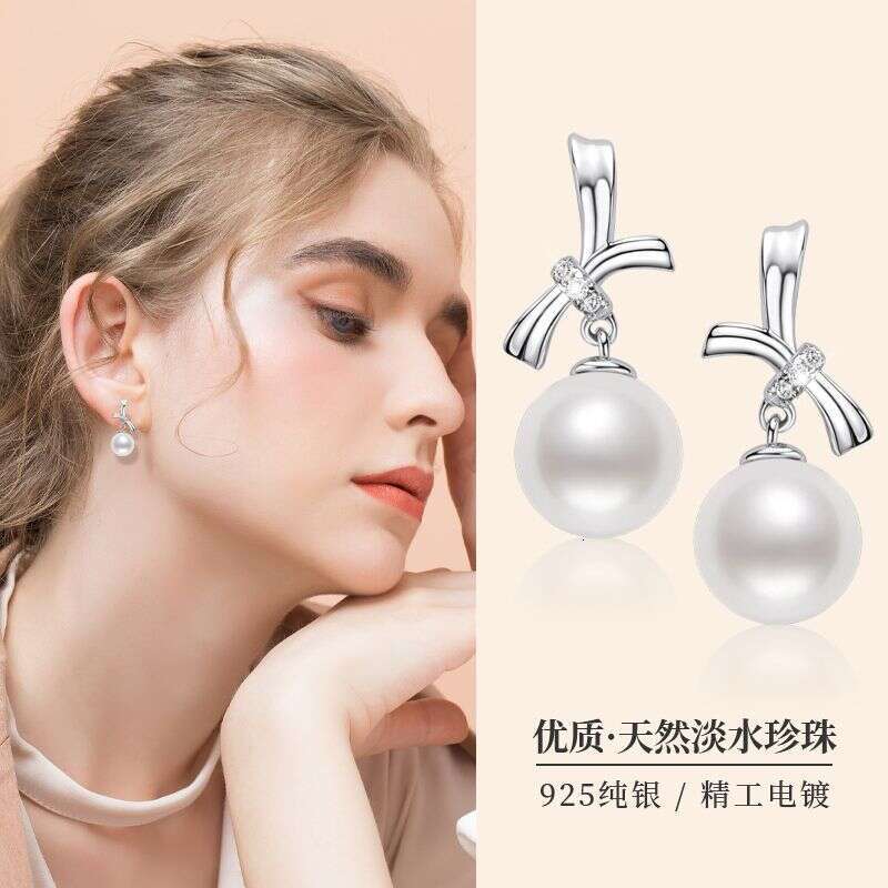 New Korean Style Elegant Bowknot Earrings For Women, Pure Sier Freshwater Pearl Ear Jewelry Afc