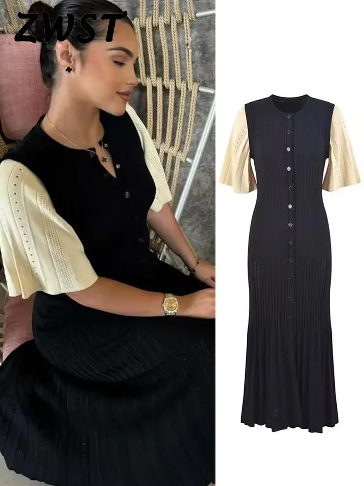 Elegant Knit Dress For Women White Slim O-neck Single Breasted Short Sleeve Long Dresses Female 2025 Spring Fashion Lady Robe 250715