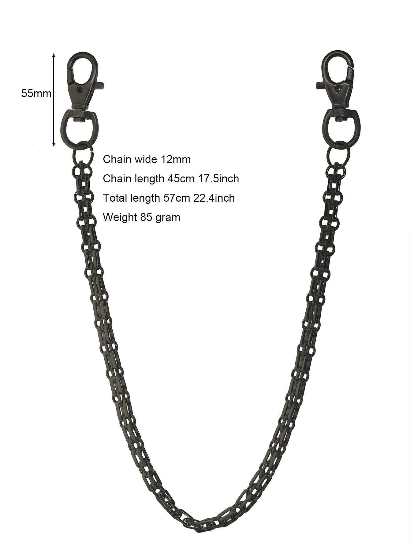 22 inch Hip pop rock Gunmetal black trousers biker jean pants 12mm watch strap chain keychain double swivel lobster claw EDC 250717