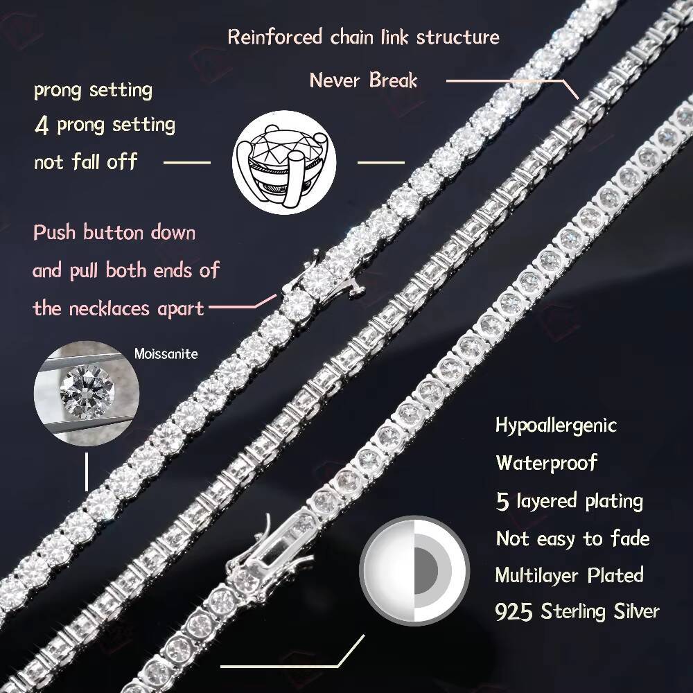 In Stock Tennis Chain Women Iced Out White Gold Plated 925 Silver 3mm 4mm Men Vvs Moissanite Tennis Chain