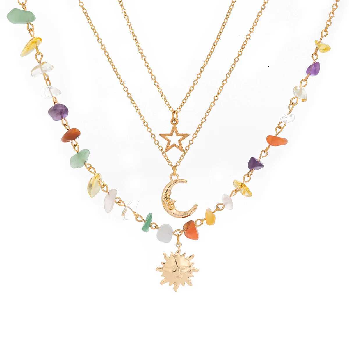 2024 Retro Moon Sun Star Pendant Necklace for Women Multi-layer Gold Color Metal Colored Stone Weaving Girls Fashion Jewelry XJ250717