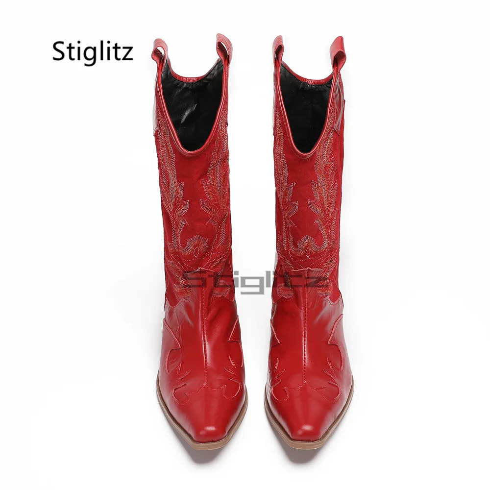 Totem Embroidery Western Cowboy Boots for Men Red Retro Mid-Calf Boots 6Cm Pointed Toes Mens Shoes Genuine Leather Winter Boots 250715