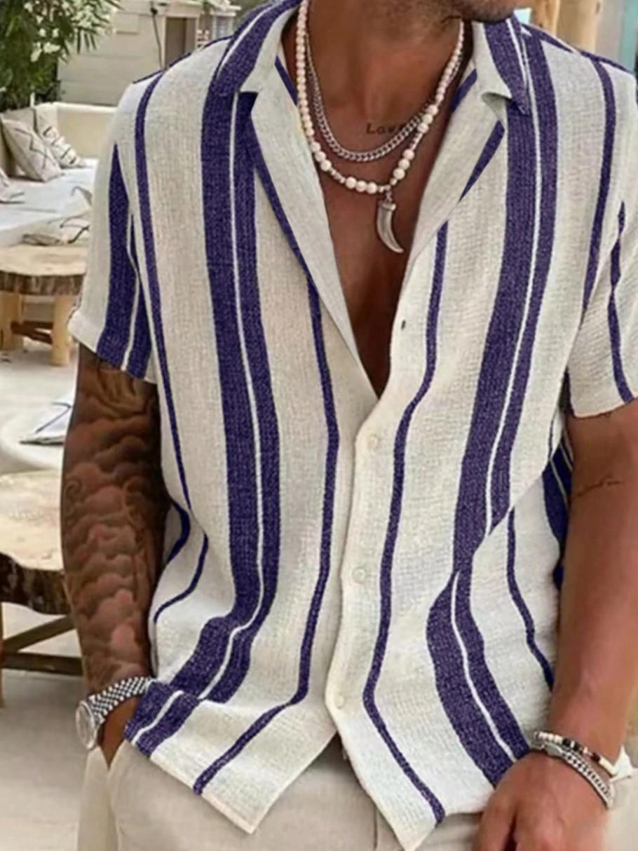 2025 Men Spring/Summer Casual Holiday Striped Button-Down Short Sleeve Shirt