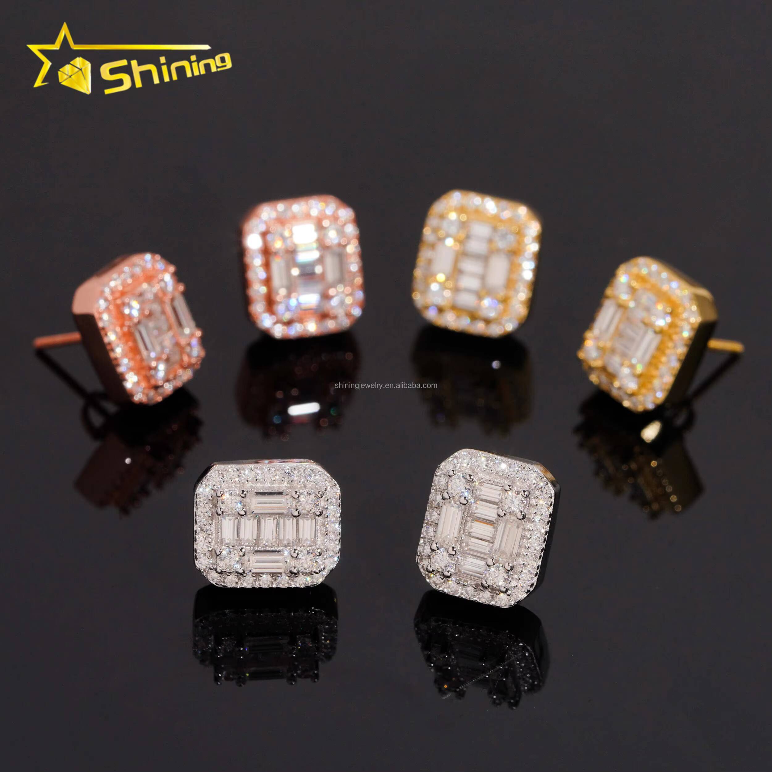 Unique Design Bulk Stock GRA Certificate Stud Earrings Baguette VVS Moissanite Diamond Iced Out 925 Silver Fashion Stud Earrings