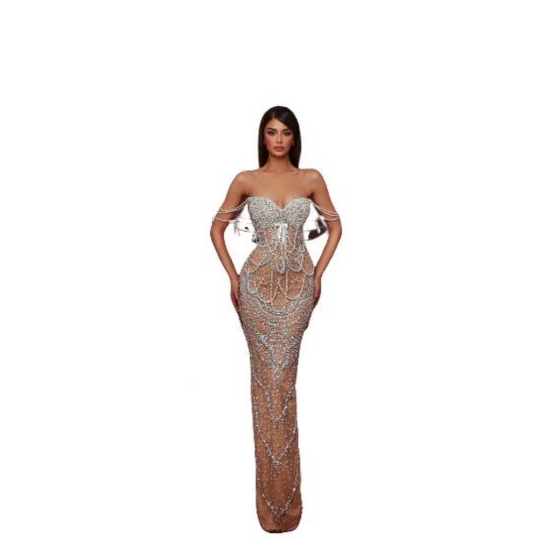 Exquisite Pearls Mermaid Evening Gown Elegant Crystal Beading Prom Dress Off The Shoulder Floor Length Party Gown Customized