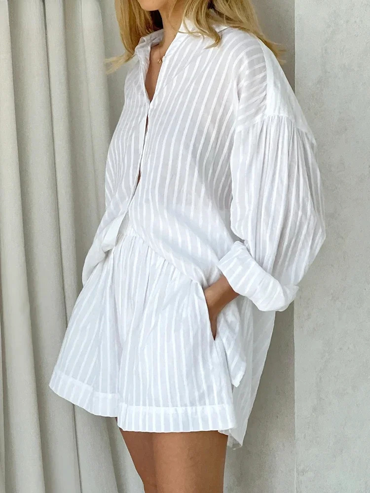 Wolfeel Casual Shorts Sets Striped Jacquard 2 Pieces Cozy Lapel Lantern Sleeve Shirt Summer Outfit Elastic Waist Suits 250714