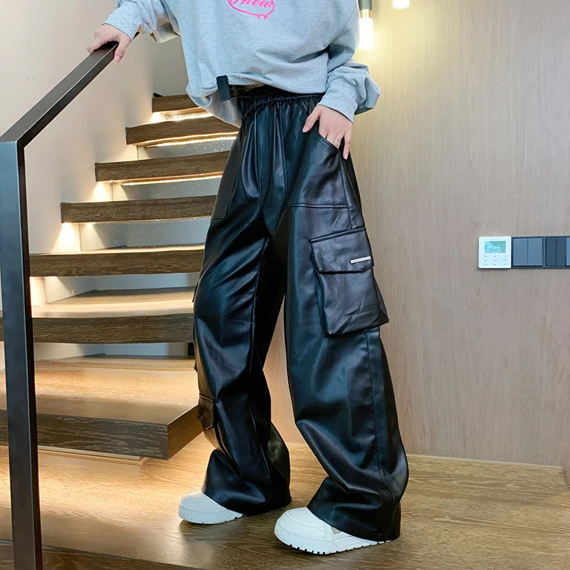 Autumn Mens Pu Leather Pants Wide Leg Cargo Trousers Motorcycle Streetwear MultiPockets Elastic Waist Black Joggers MXXL 250704