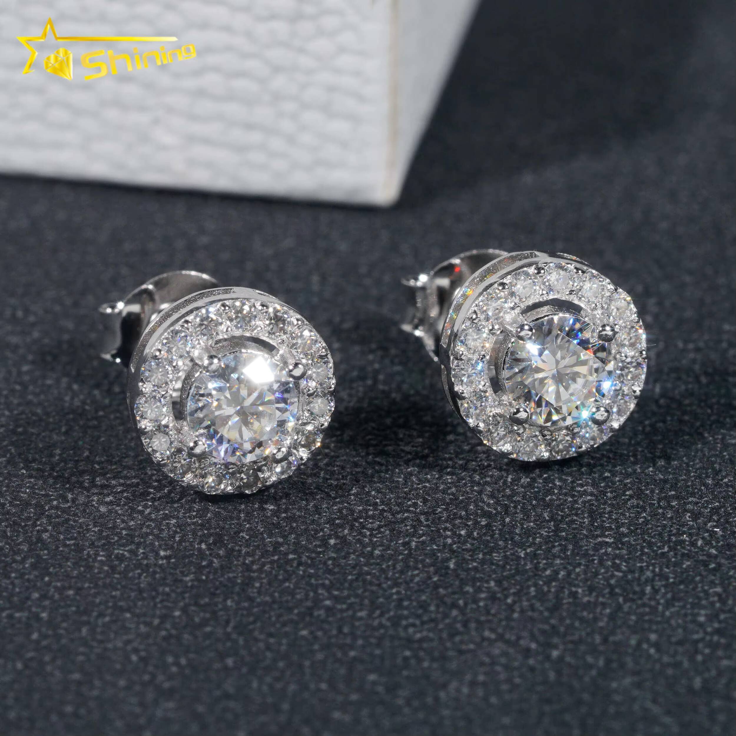 Hip Hop Jewelry Pass Diamond Tester 925 Sterling Silver Round Halo VVS Diamond Moissanite Stud Earrings