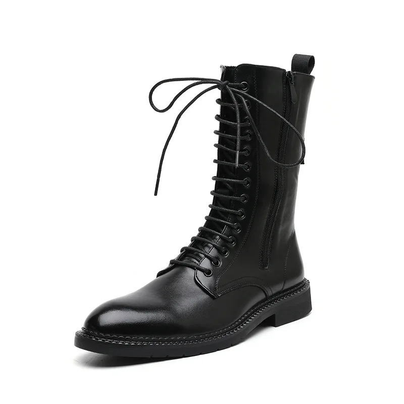 British style mens fashion motorcycle boots black soft leather shoes lace-up cowboy boot spring autumn handsome long botas mans 250715
