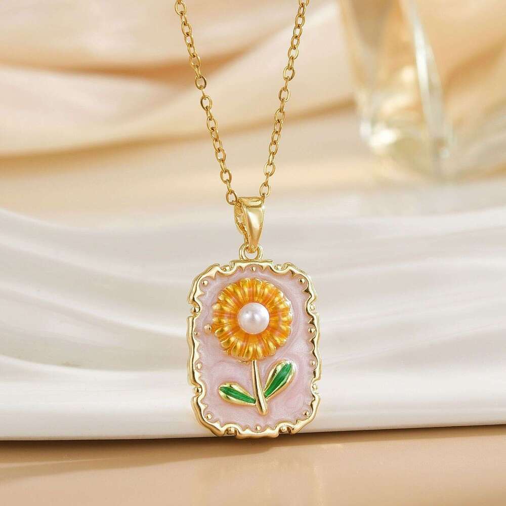 Vintage Style Oil Painting For Women, Enamel Painted French Flower Pendant, Monet Garden Spring Summer Pearl Choker Necklace 3B5