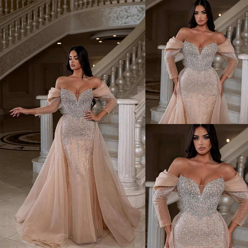 Charming Beaded Mermaid Wedding Dress Off Shoulder Long Sleeve Crystal Bride Gowns Floor Length Formal Dresses Customized