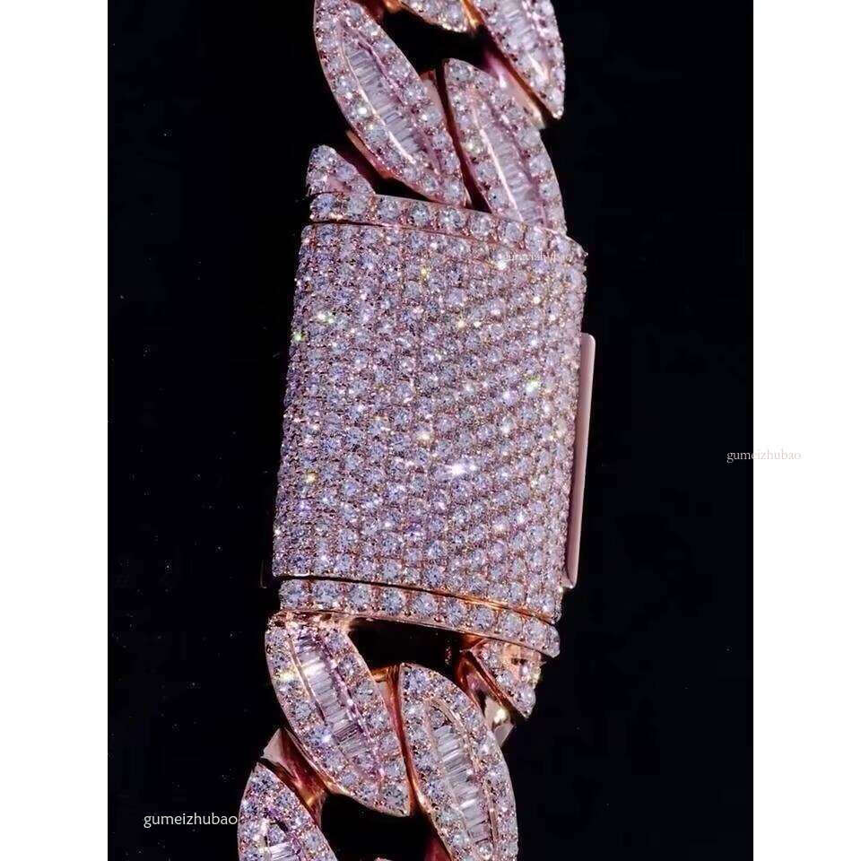 Pass 100% dia test18mm Stone Cuban Chain - Ice Out Necklace, with Long Stick Bread and Round Cut VVS Silicon Stone, Tester Passed