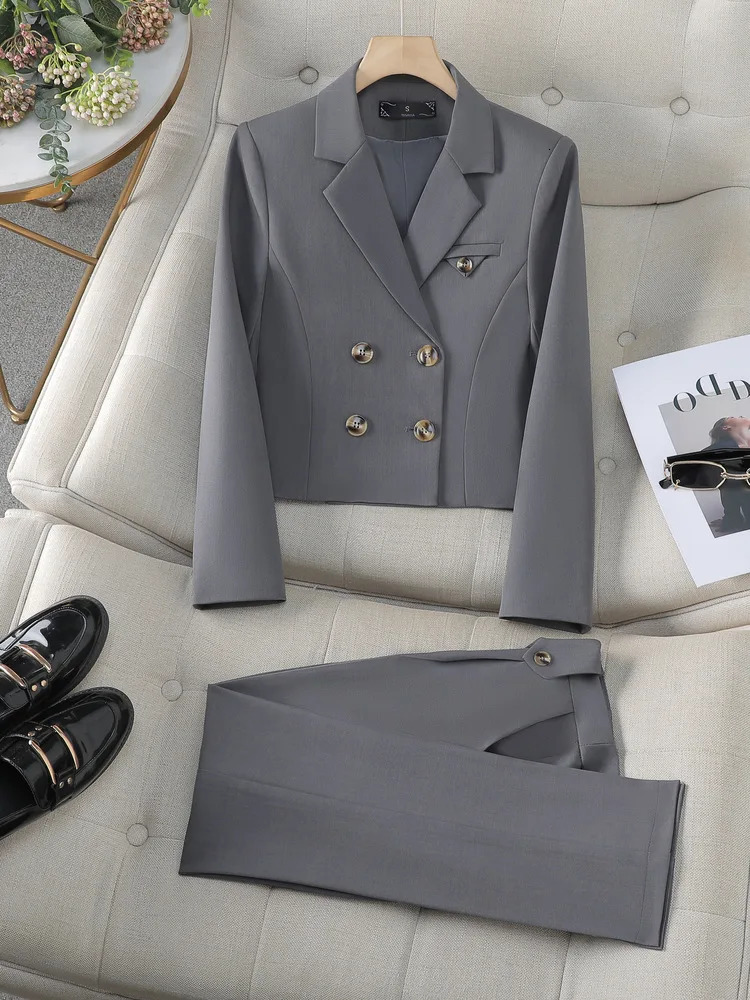 Solid Suits for Women 2024 Spring Fashion Office Ladies Long Sleeve Double Breasted Short Tops Chic Slim High Waisted Pant 250714