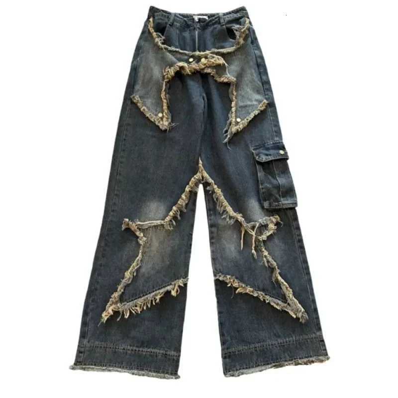 New American Vintage Washed Five-Point Star Frayed Hem Jeans for Women High Street Niche Oversized Straight Leg Long Pants R250716