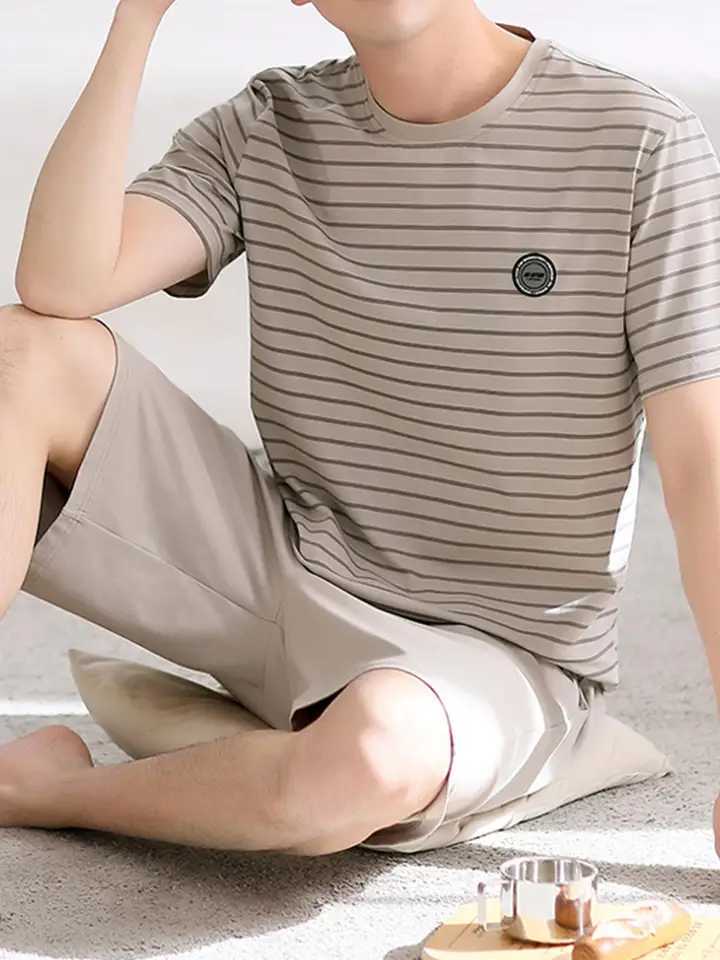 Mens Summer Short-Sleeve and Shorts Pajama Set Lightweight Bamboo Fiber Cooling Home Clothes for Hot Weather short-sleeved and W250717