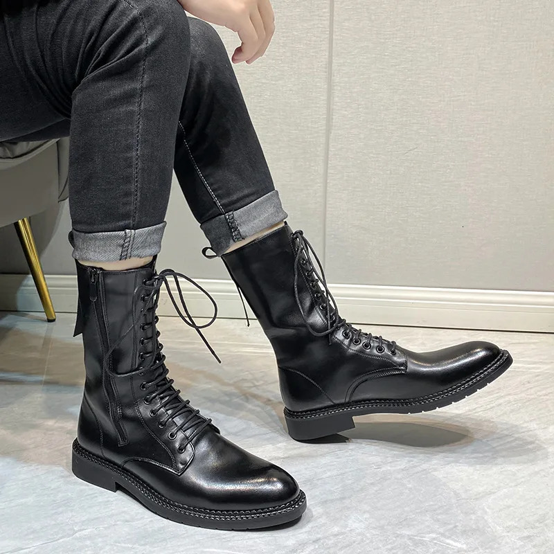 British style mens fashion motorcycle boots black soft leather shoes lace-up cowboy boot spring autumn handsome long botas mans 250715