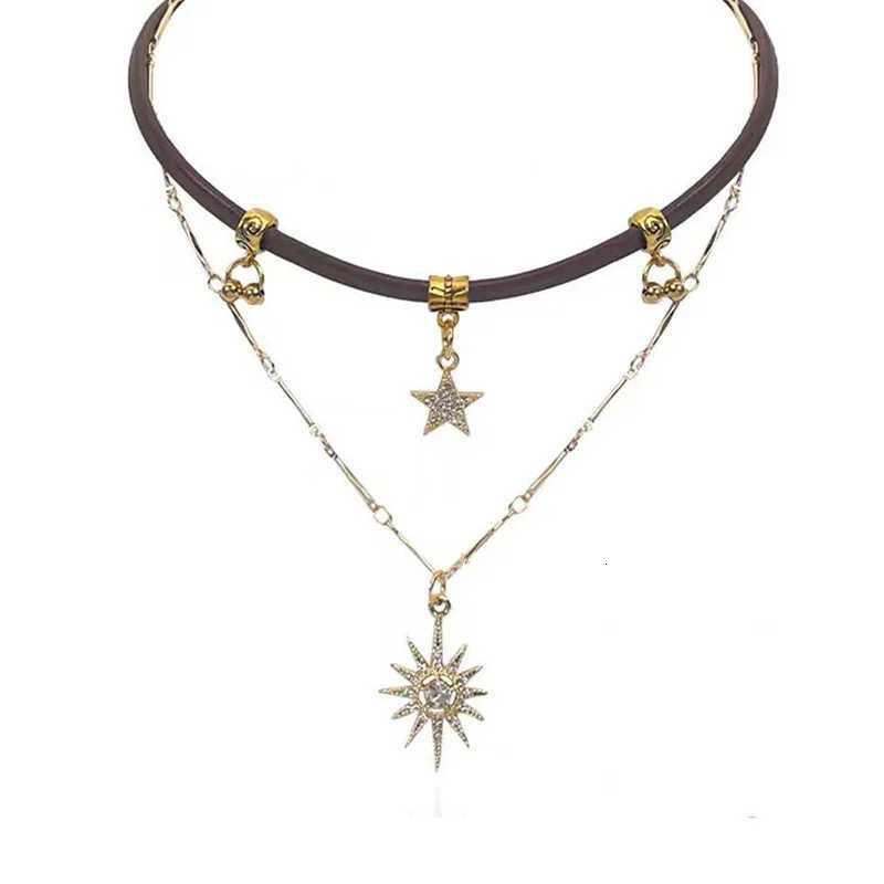 Sun Star Zircon Necklace for Women Vintage Leather Necklace Double Layered Pendant Chain Choker Fashion Jewelry XJ250717