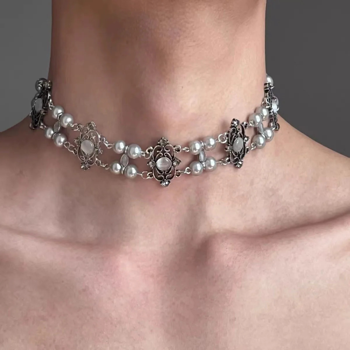 Vintage Necklace Double-Deck Pearl Tiger-Eye Court Style Unisex Choker for Women Men Couple Jewelry 250716
