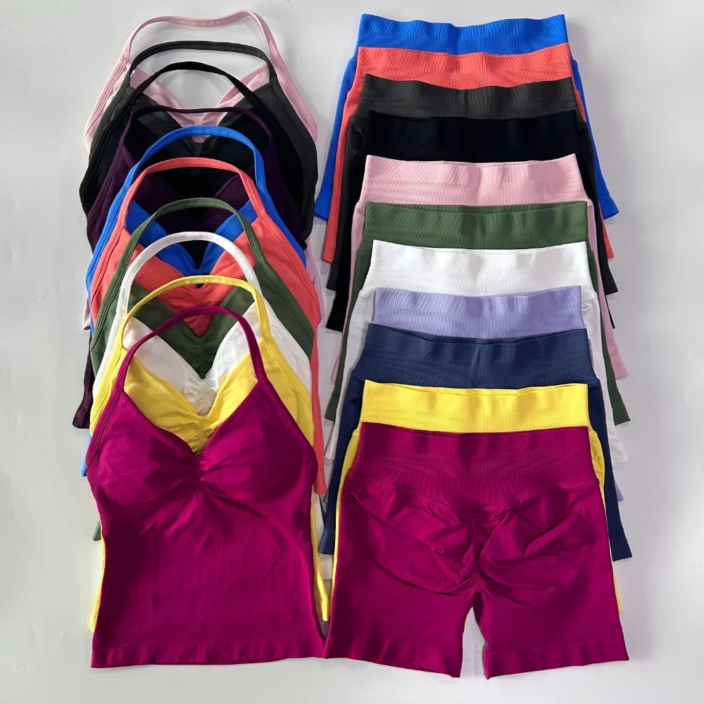 2 Pieces Impact Sports Set Women Backless Tank Yoga Tops High Waist Scrunch Seamless Shorts Sport Gym Sportswear Workout 250714