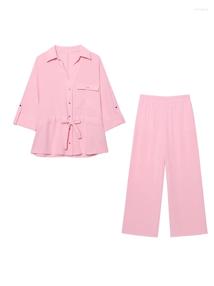 Women's Blouses Casual Shirt Pants Set Women Loose Long Sleeve Lapel Single Breasted Top Wide Drawstring Trousers 2025 Summer Solid Outfits