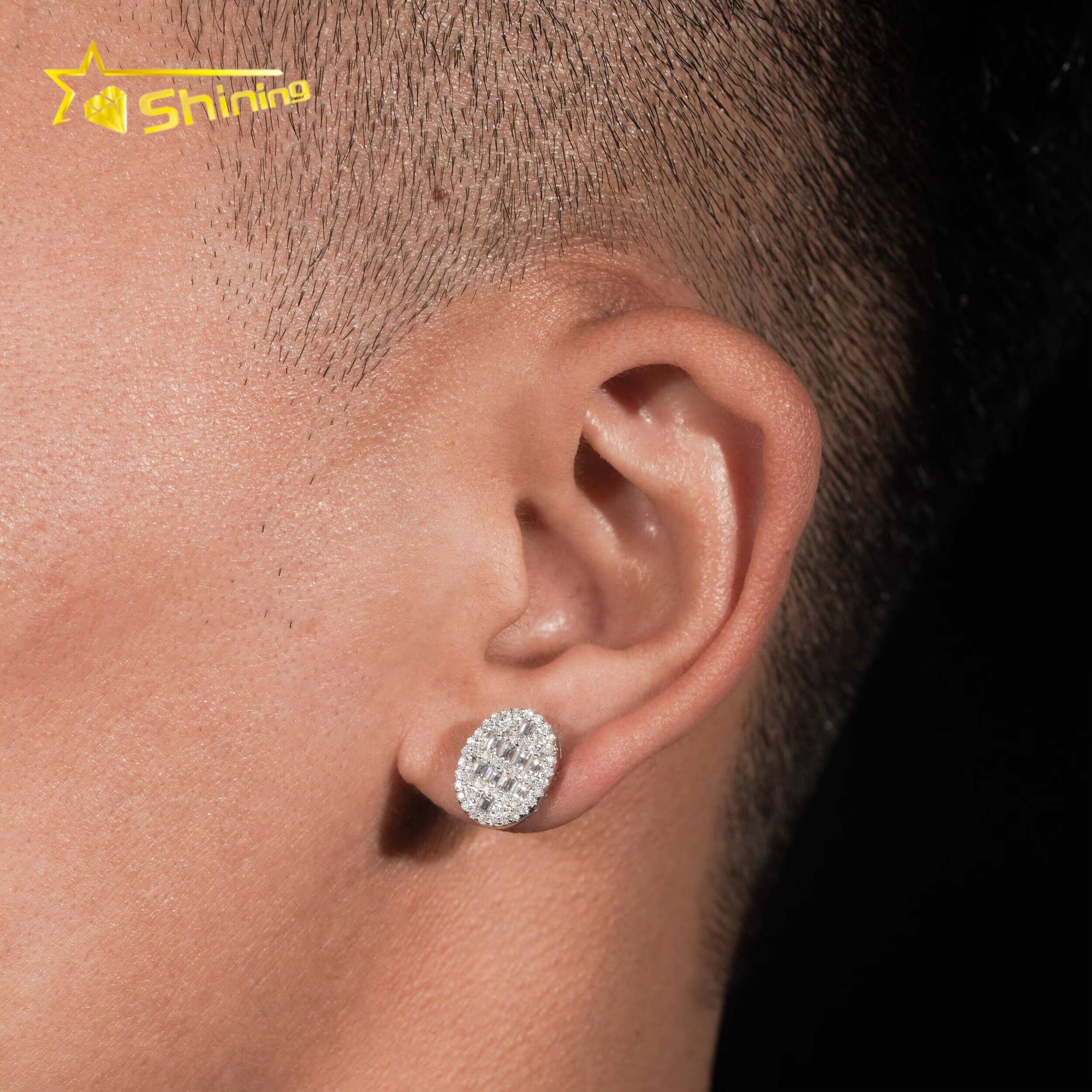 New Design baguette Lab Diamond Earrings Silver 925 Vvs Moissanite Hip Hop Iced Out Stud Earrings