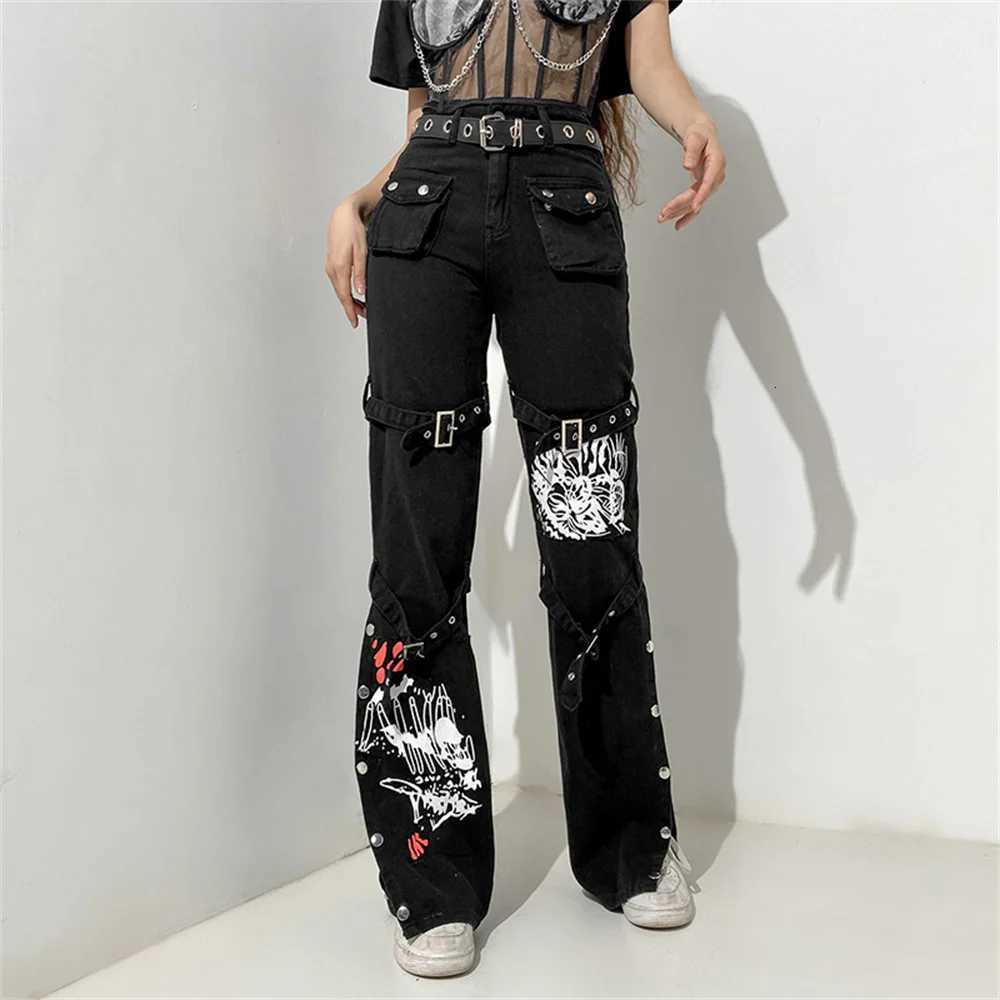 Goth Emo Alt Cargo Pants Techwear Hippie Baggy Jeans Mom Goth Punk Black Denim Trousers Cyber Y2k Pants Academic Dark Clothes R250716